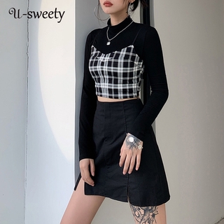 U - Sweety เสื้อครอปคอก ลมแขนยาว + กางเกงขายาวลายสก็อตสําหรับผู้หญิง