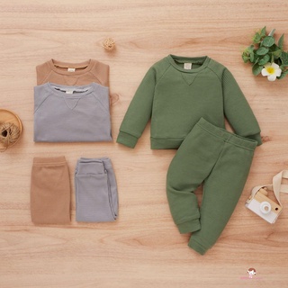 Innocence- ชุดเสื้อแขนยาว คอกลม ผ้าถัก ลายวาฟเฟิล สีพื้น และกางเกง สําหรับเด็กทารก