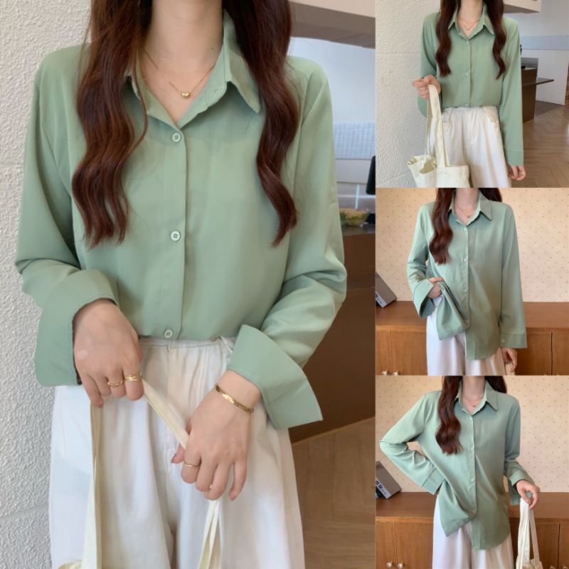 KT01 เสื้อเชิ้ตผู้หญิง เสื้อเชิ้ตสีเขียวอินดัส  เนื้อผ้าไหมอิตาลี่ ใส่เที่ยว ใส่ทำงาน  สไตล์สาวเกาหลี – โปรปัง