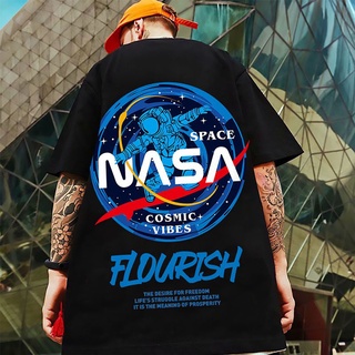 เสื้อยืด เสื้อยืด Nasa เสื้อยืดโอเวอร์ไซส์สีดำลายหลวมขนาดใหญ่สำหรับผู้ชาย T Shirt