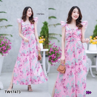 G17473 Jumpsuit จั้มสูทขายาว ผ่าข้าง อกยืดสม็อค ร้องเชือก