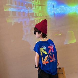 💡Mykids💡&lt;T-SHIRT&gt;2021 ใหม่เด็กใหญ่แขนกุดบางหลวมเสื้อกั๊กเด็กแฟชั่นตะวันตกพิมพ์ Tops