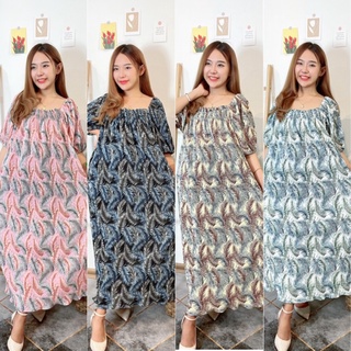 Maxidressชุดเดรสแขนตุ๊กตาสมอคอก พิมพ์ลายสวย Pleat Dress ชุดใส่เที่ยวทะเล แฟชั่นสาวอวบ ชุดออกงาน ชุดคลุมท้องเดรสพลีส