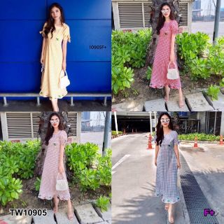 &lt;TW10905&gt;Maxi Dress แม็กซี่เดรสลายสก็อตแขนตุ๊กตา #Borichta แต่งผูกโบว์ 2 ข้าง อกปักเชอร์รี่กับใบไม้