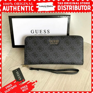 กระเป๋าสตางค์ ใบยาว ลายโลโก้ Guess Rock ของแท้ สีดํา สําหรับผู้หญิง