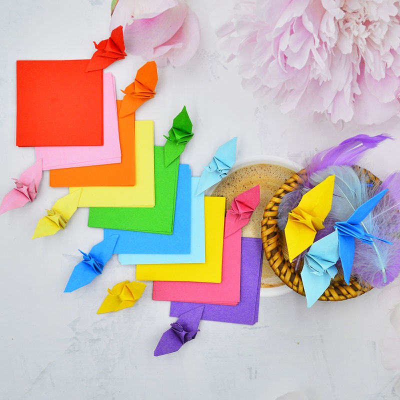 กระดาษพับนก (090-1A) กระดาษด้านสีพื้น 10 สี 120 แผ่น 5x5cm