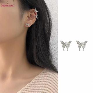 SH Fashion Simple Sweet Silver Needle Rhinestone Butterfly Ear Stud Ear Clip Women Jewelry Gift