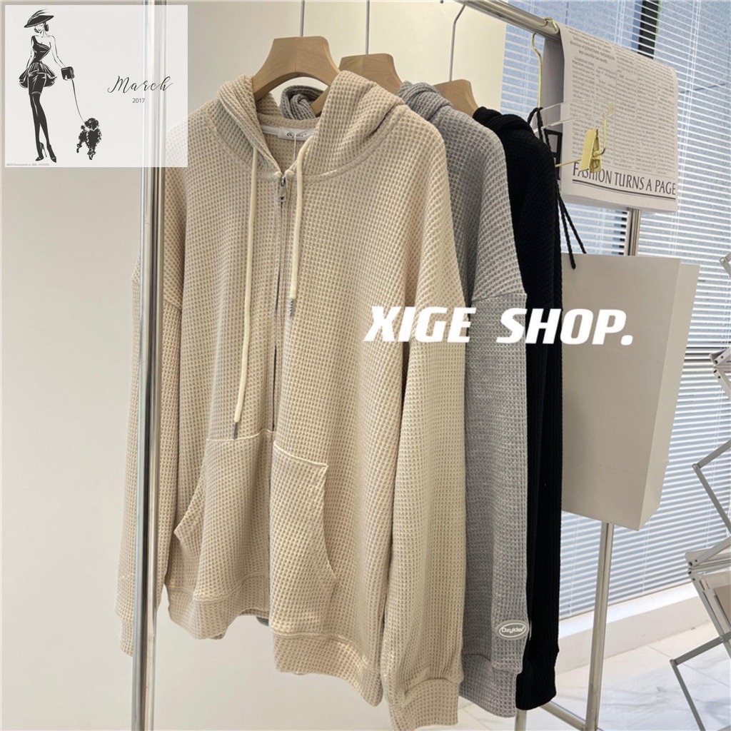 เสื้อสเวตเตอร์วาฟเฟิลผู้หญิงอเนกประสงค์ Oversize ซิปคาร์ดิแกน Outerwear