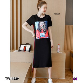 J11220 Dress เดรสทรงตรงแถบข้างสกรีนอก