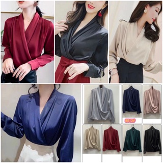 เสื้อแขนยาว ผ้าซาติน คอวี คอป้าย อก 40" ยาว 21" Satin Blouse Size 40"