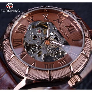 Forsining Skeleton Steampunk Wristwatch Brown Genuine Leather Strap Men Mechanical Self Wind Watch Top Brand Luxury Auto