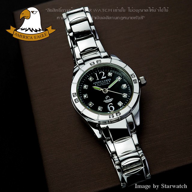 ☒▧AMERICA EAGLE นาฬิกาข้อมือผู้หญิง สายสแตนเลส รุ่น AE013L - Silver/Black