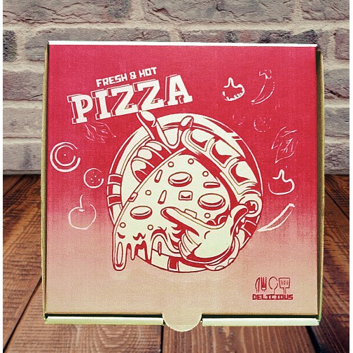 Pizza Box 8 inches กล่องพิซซ่า พิมพ์ลาย สีแดง  แพค 20ใบ ขนาด8นิ้ว ขนาดกล่อง 8 x 8 x 1.75 นิ้ว กล่องแพคอาหาร
