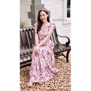 เดรสยาวลายดอก SND21001 Floral Shoulder Knot Maxi Dress (Pink)