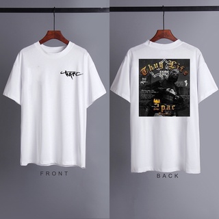 2PAC TuPac Ins สไตล์อินเทรนด์วินเทจแฟชั่นสําหรับผู้หญิงผู้ชายขนาดใหญ่ Tshirt สีดําท็อปส์ซูกลับ  xKH