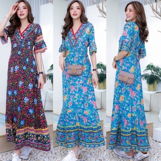 Flora Maxi Dress ชุดแมกซี่ เดรสคอวี พิมพ์ลายดอกไม้ งานสวย ช่วงชายแต่งระบาย เก๋สุดๆ