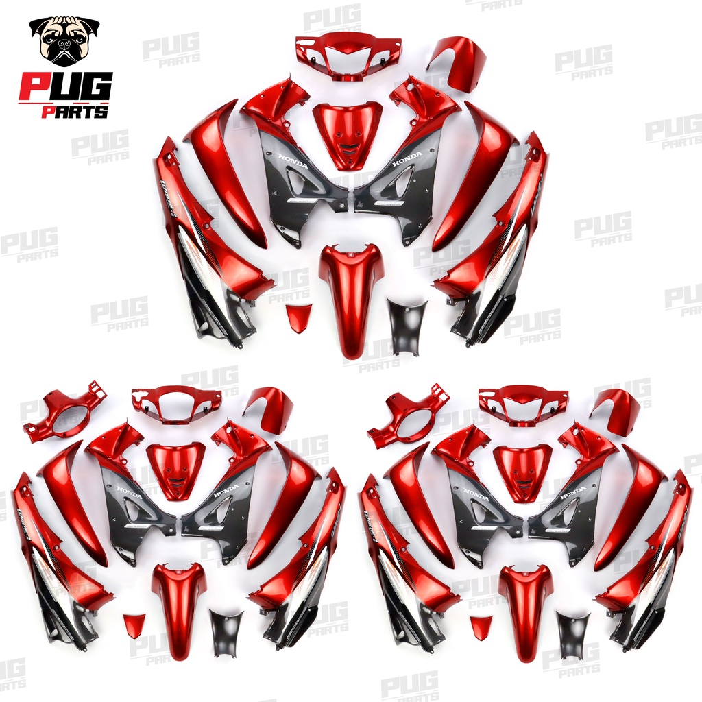 PUGParts ชุดสีwave125R หัวแหลม ชุดสีเวฟ125S หน้าแหลม Wave125S หัวเถิก (ชุด12/13ชิ้น) สีแดงแก้วตัดเทาดำ