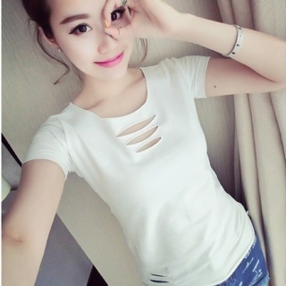 Bf เสื้อยืดแฟชั่นแขนสั้น ไม่เย็บขอบ ดีเทลแต่งขาดๆ รหัส 1511-สีขาว