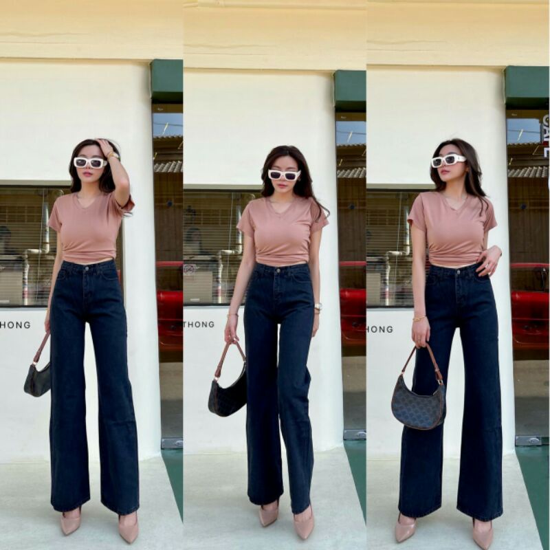 กางเกงยีนส์เอวสูงขากระบอกสีดำ #PT | No.PTJ3303-5