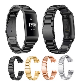 สําหรับ Fitbit Charge 4 3 สแตนเลสสตีลสมาร์ทวอทช์สร้อยข้อมือหัวเข็มขัด 3 4 สายสีดําเงิน