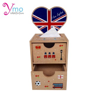 Tissue Pop Up Box with Drawer Box กล่องใส่กระดาษทิชชู่ป๊อบอัพ พร้อมลิ้นชักใส่ของ งาน Handmade ไม้ Ymo ลายAmerica ของขวัญ