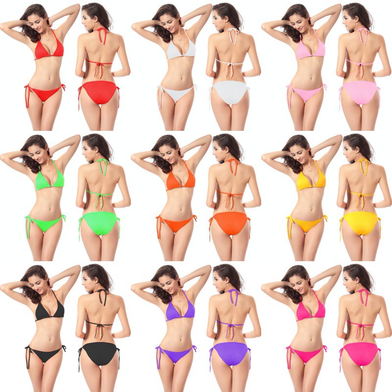 🏖BikiniTime SB136 *อ่านรายละเอียดก่อนสั่ง* ทูพีซ ผ้าบาง ไม่มีฟองน้ำ บิกินี่สามเหลี่ยม โชว์หุ่นแซ่บ ผูกคอผูกหลัง สีพื้น