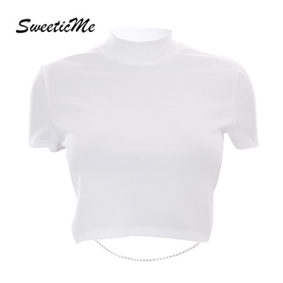 Sweeticme เสื้อยืดแขนสั้น เปิดหลัง ขนาดใหญ่ พร้อมสายโซ่คล้อง สําหรับผู้หญิง 2022