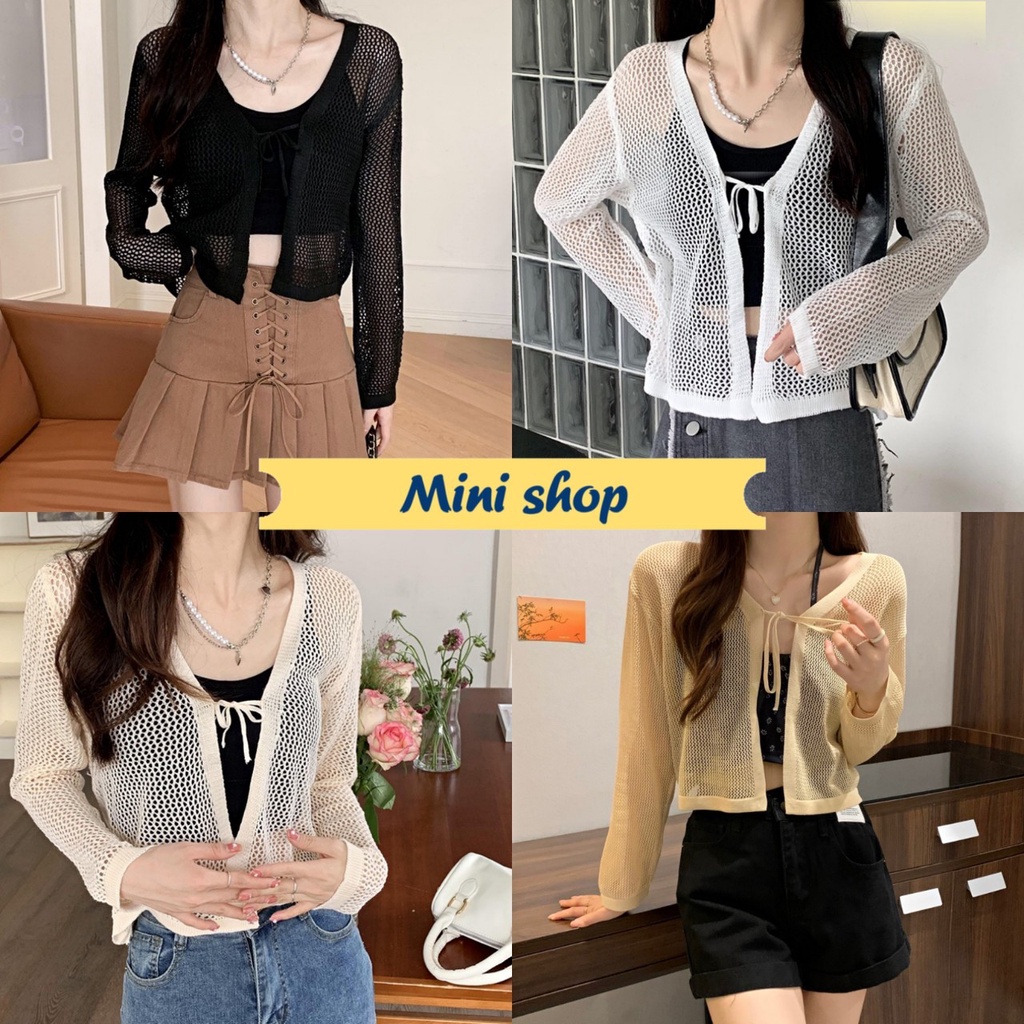Mini shop พร้อมส่ง (3186)เสื้อคลุมไหมพรมแขนยาว ดีเทลถักไหมพรม ซีทรูเบาๆน่ารัก -C