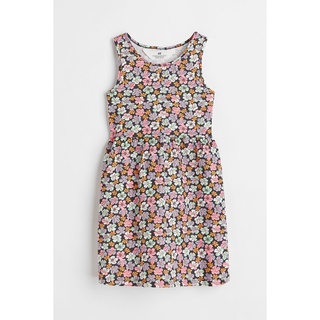 H&amp;M ชุดเด็ก เดรสเด็กผู้หญิง เดรสแขนกุด สีเทา ลายดอกไม้โทนขาว ชมพู ม่วง Sleeveless dress DARK GREY/FLORAL