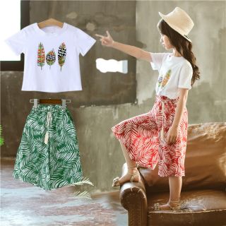 (พร้อมส่งในไทย)  ชุดเด็กโต เสื้อ + กางเกงขาบาน ลายเข้าเซ็ต น่ารักมาก