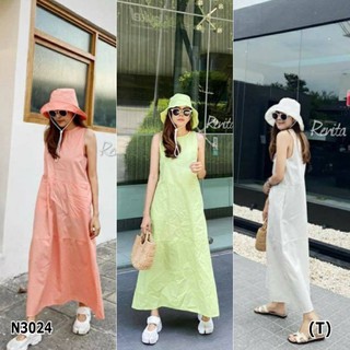 เดรสทรงเอ ยาวสีน่ารักสดใส เย็บตัดต่อมีกระเป๋าข้างสองข้าง