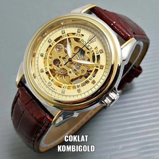 Jam Tangan Wanita Rolex Skleton Automatic Permata Tali Kulit Body Bulat Free Box Kancing