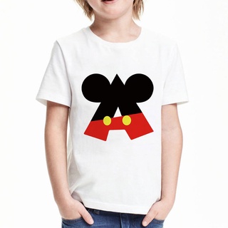 T-shirt  เสื้อยืดแขนสั้นลําลอง พิมพ์ลายตัวอักษร mickey mouse a to z 26 ตัวอักษร แฟชั่นฤดูร้อน สําหรับเด็กผู้ชาย ปาร์ตี้S