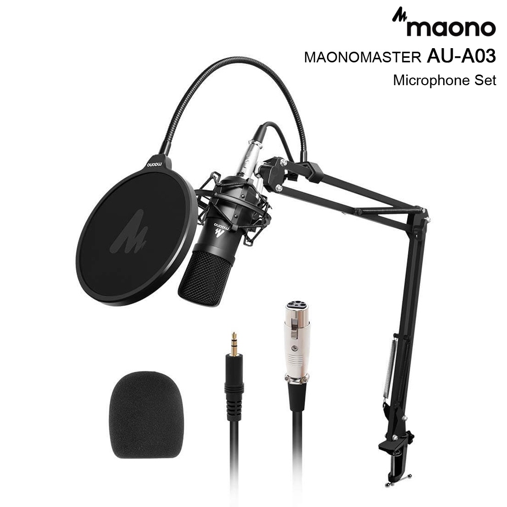 ไมโครโฟน Maono AU-A03 Condenser Microphone Kit Podcast Mic with Boom Arm Microphone Stand (ประกันศูน
