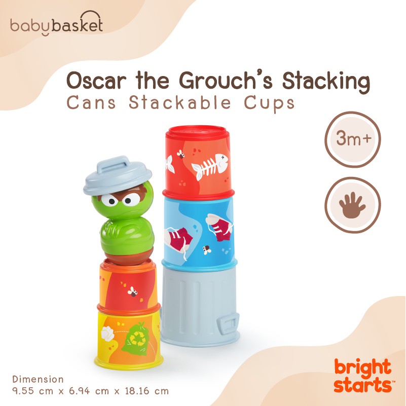 ของเล่นเด็ก ถังสีเรียงชั้น Bright Starts Oscar the Grouch Stacking Cans Bright Starts  เรียงซ้อนกันได้ พร้อมตุ๊กตาล้มลุก