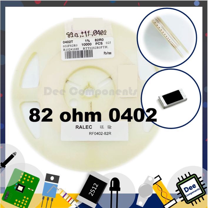 82 Ohm 0402 ±1% 62.5 mW ±100ppm/°C RTT0282R0FTH RALEC  1-A3-7 (ขายยกแพ็ค 1 แพ็ค มี 100 ชิ้น)