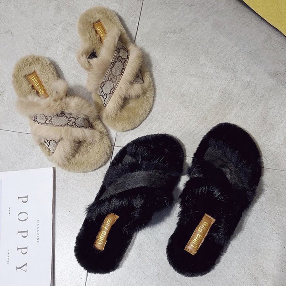 【hot Stock】luxury Brand Women Cross Tied Rabbit Fur Slippers Faux Fur Slides Flat Furry Flip 9533