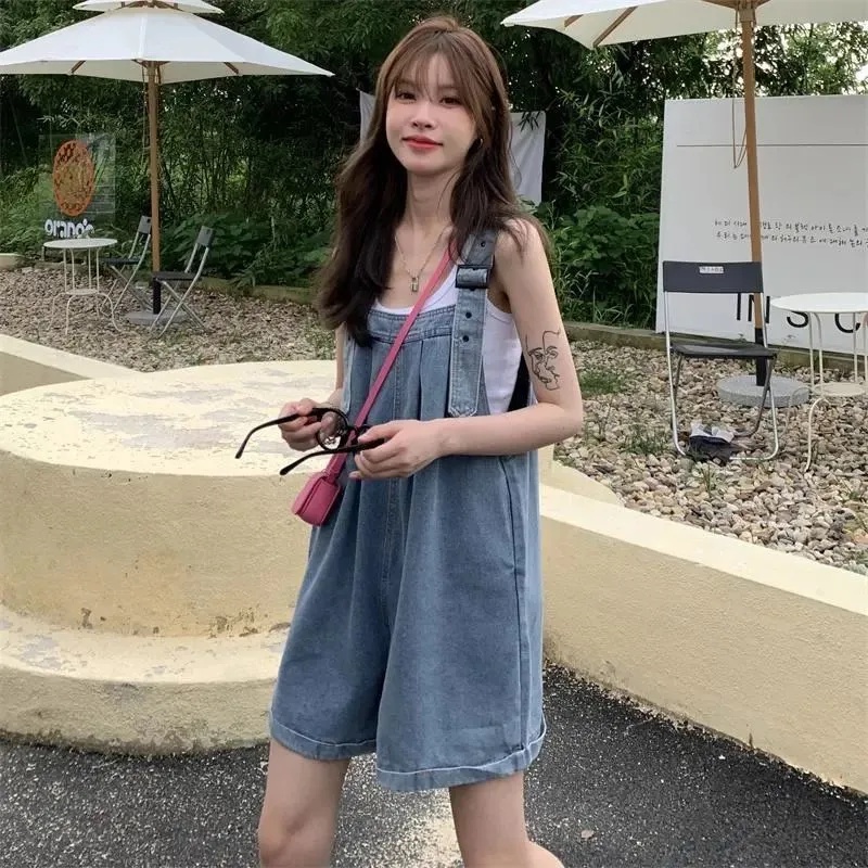 ชุดเอี้ยมกางเกงยีนขาสั้น สวมใส่สบาย สไตล์ย้อนยุค สำหรับผู้หญิง 010002# - รูปที่ 5