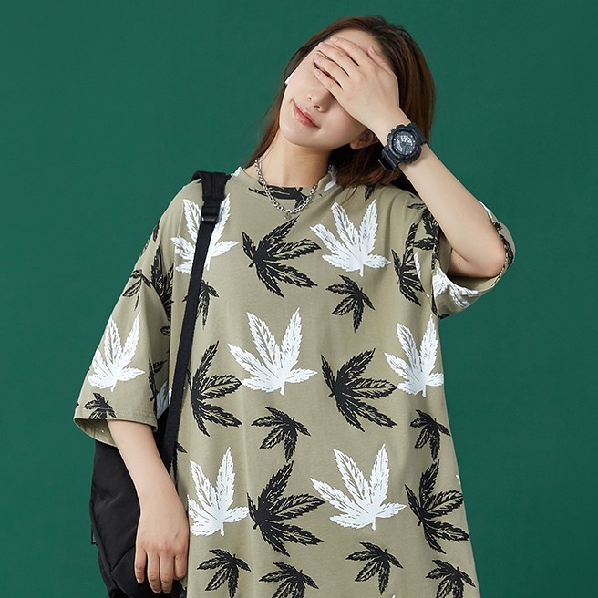 LHfashion เสื้อยืดลายใบไม้วินเทจได้ใจ มี 3 สี แมทซ์ตามใจวัยรุ่น
