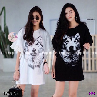 (6824) Dress เดรสสั้น แขนระบายค้างคาว