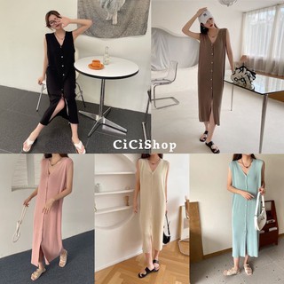 Cicishop(1236)เดรสยาวแขนกุด ดีเทลกระดุมหน้า สีพื้น เรียบหรูสไตล์เกาหลี