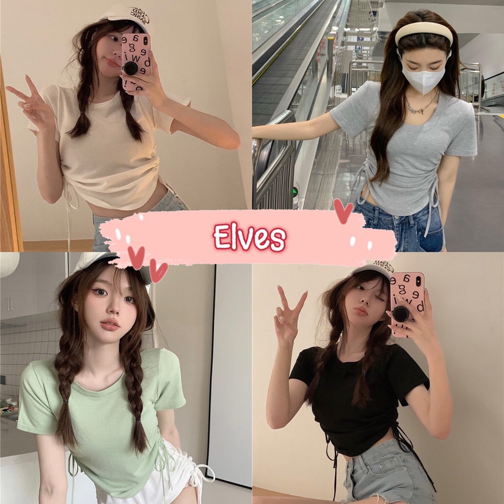 Elves พร้อมส่ง เสื้อไหมพรมแขนสั้น คอกลม ดีเทล ลายรูดปรับสั้นยาวได้2ข้าง ~6A302~