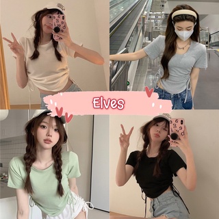 Elves✨พร้อมส่ง✨  เสื้อไหมพรมแขนสั้น คอกลม ดีเทล ลายรูดปรับสั้นยาวได้2ข้าง ~6A302~