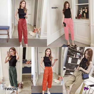 TW6542 Set 2 ชิ้น เสื้อแขนกุด เนื้อผ้าร่อง+กางเกงขายาวมีเชือกผูกโบว์