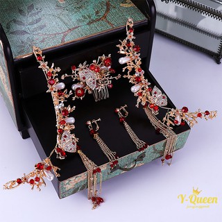 ❤Y-Q Red Rhinestone Classical Gorgeous Chinese Classical Style Tassel Earrings Hair Comb Bride Hair