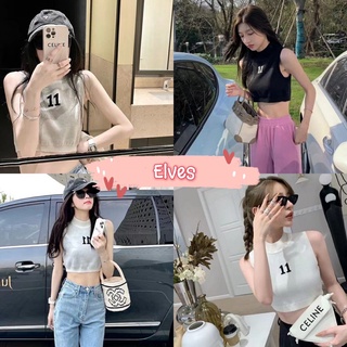 Elves✨พร้อมส่ง✨ เสื้อครอปไหมพรมแขนกุด ลาย 11 ทรงใส่สบาย  ~ 94133 ~ -C