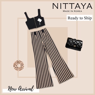 Nittaya set เสื้อแขนกุดสีดำแต่งซิปหน้า+กางเกงลายทางขายาว