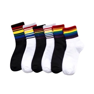 ถุงเท้าแฟชั่น ลายสายรุ้ง ฟรีไซส ถุงเท้าข้อกลาง ลายทางสีสันสด Rainbow socks NO.17