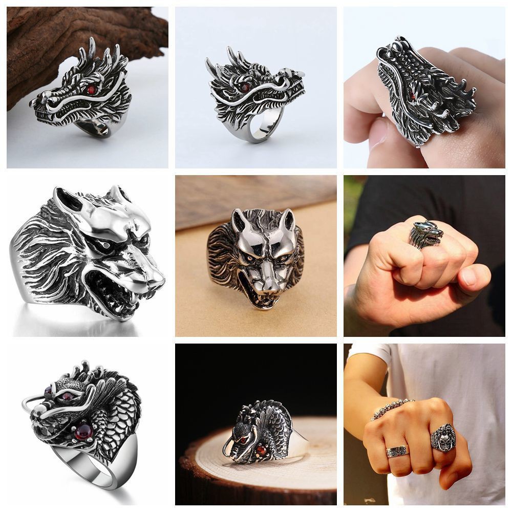 Gothic Punk สัตว์แหวนเสือดาว Dragon Wolf Bird Lion Head Skeleton Eagle Claw แหวนผู้ชายผู้หญิง Biker เครื่องประดับ Anel Masculino