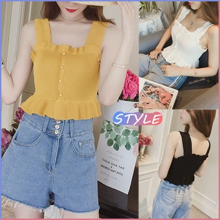 STYLE 🔥พร้อมส่ง🔥367*เสื้อท็อปกล้ามสายเดี่ยวแถบใหญ่ ระบายชาย ผ้าไหมพรมยืด ติดกระดุมหน้า สาวหวานแอบเซ็กซี่เล็กน้อย น่ารัก